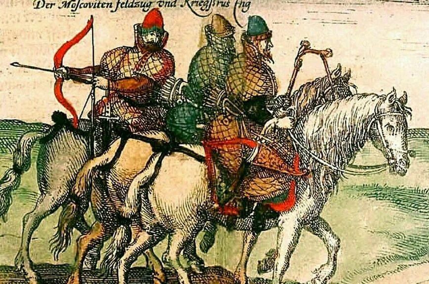 Поместная конница середины XVI века. Раскрашенная гравюра из издания «Записок о Московитских делах» Сигизмунда Герберштейна.