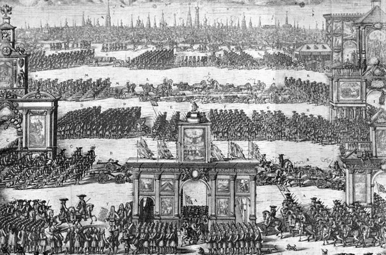 Торжественный вход русских войск в Москву после победы под Полтавой, 1709 год. Художник А. Ф. Зубов, гравюра, 1710 год.