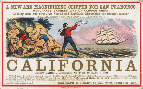 Реклама тура в Калифорнию к золотой лихорадке, 1850-е